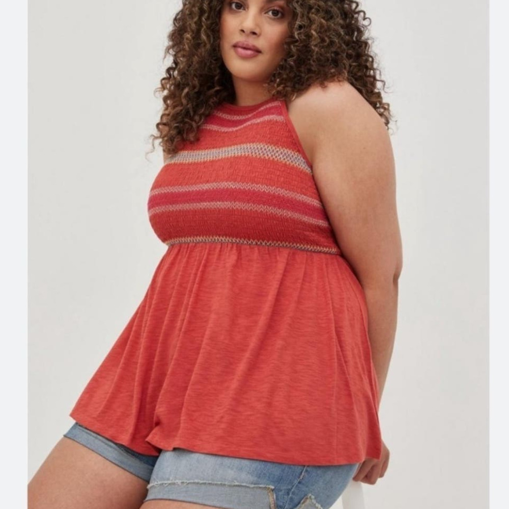 Torrid Super Soft Smocked High Neck Babydoll Top Womens Size 1X Rust Peplum